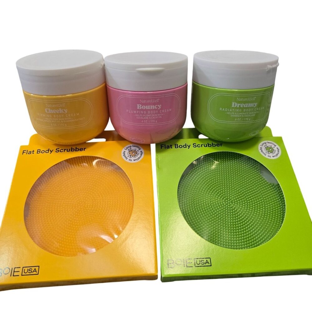 NatureWell Body Cream Set & Boie USA Flat Body Scrubber 3 creams and 2 scrubbers